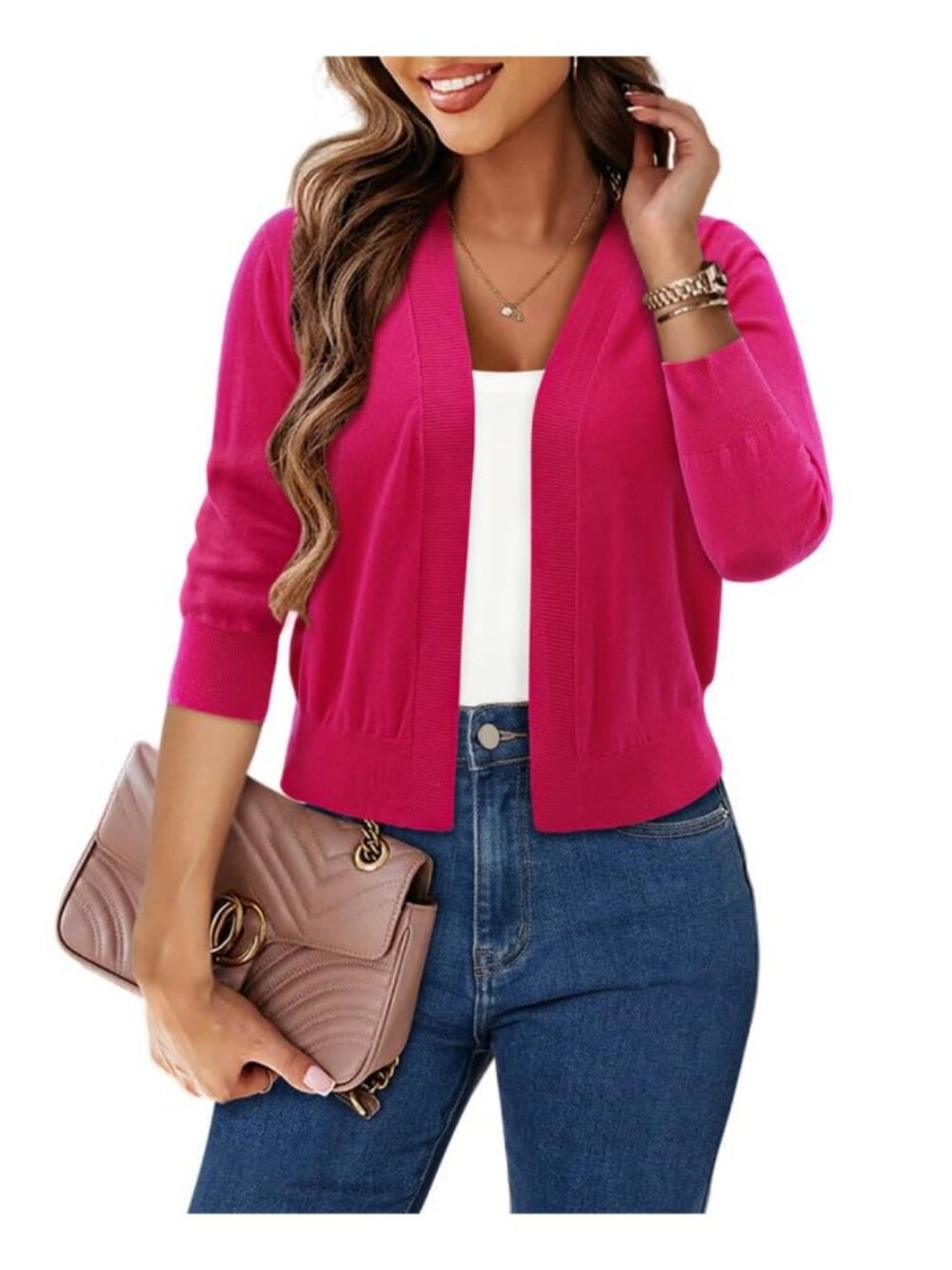 3/4 Sleeve Cropped Cardigan Sweater Lightweight Knit Shrug for Women